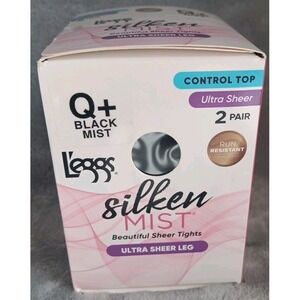 Leggs Silkin Mist Tights Ultra Sheer Q+ Black Mist Control Top Run Resist 2 Pair